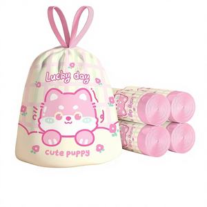 Sacs poubelles à cordon motif chiot mignon, design à carreaux roses, sacs jetables pour déchets animaux, capacité 10-20L, style moderne - Product Image 1
