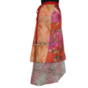 Boho New Ladies Boho Gypsy Wraparound Skirt Recycled Silk Saris Style Skirts Sarongs Skirts Indian <b>Old</b> Saree Reversible Print - Product Image 1