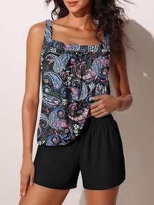 Conjunto de Tankini de 2 Piezas con Estampado Paisley para Mujer, Traje de Baño de Spandex y Poliéster, Shorts de Corte Regular, Estampado Digital Elástico - Product Image 2