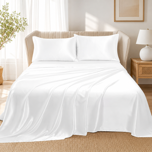 Premium 300 Thread Count White Cotton <b>Satin</b> Bedsheet Smooth Plain Weave Luxury Hotel Quality | Soft Durable Comfortable Bedding - Product Image 1