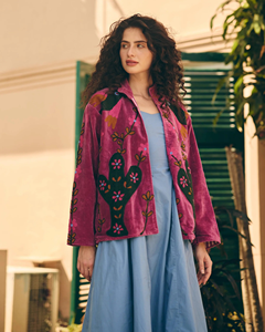 <b>Womens</b> Magenta Knitted <b>Embroidered</b> Quilted Thick Eco-Friendly <b>Jacket</b> Mandarin Collar Long Sleeve Floral Prairie Chic Autumn - Product Image 5