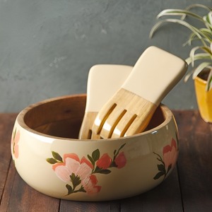 Tazón Redondo de Madera con Estampado Esmaltado para Servir Comida, Vajilla para el Hogar y Hoteles, Tazones de Madera Natural - Product Image 3