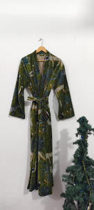 Bata Kimono Larga de Algodón con Estampado de Bloques y Cuello en V, de Secado Rápido, Ligera, para Primavera/Verano, Ideal como Bata de Dama de Honor o Ropa de Dormir - Product Image 3