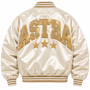 Astra <b>Men's</b> Beaded Varsity <b>Jacket</b> Gold Lettering Satin Back <b>Sequined</b> Preppy Style Regular Fit Autumn Zipper Closure - Product Image 1
