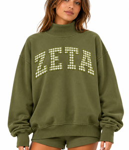 Custom <b>Women</b>’s Cotton <b>Fleece</b> Mock Neck Sweatshirt <b>Navy</b> Gingham Letter Applique Oversized Winter Casual Streetwear Pullover - Product Image 1