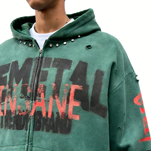 Vente en gros de sweats à capuche pour hommes en molleton épais vintage, style hip-hop, avec strass, effet vieilli, unis, personnalisables, délavés à la pierre et découpés au laser - Product Image 3