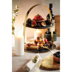 Modern Two-Tier <b>Cake</b> <b>Stand</b> With Round Dark Slate Platters Sleek Gold Metal Frame An Arching Top Carrying Handle Decorative item - Product Image 6