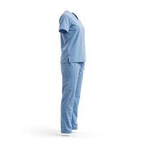 Ensemble uniforme respirant en polyester pour femmes, comprenant un haut de blouse bleu clair à col en V avec poches et un pantalon à cordon de serrage - Product Image 4