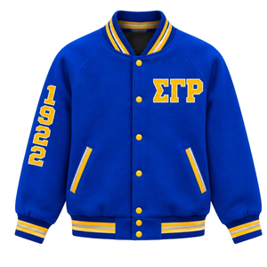 Chaqueta Universitaria Azul Rey con Rayas Blancas y Doradas, Gráfico de Letras Griegas 1922, Botones a Presión, Cuello Acanalado, Manga Larga, Estilo Letterman - Product Image 1