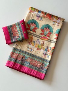 Sari en soie à imprimé numérique Royal Bloom, Sari festif classique en soie douce jacquard Jari, Sari majestueux en soie jacquard Pashmina - Product Image 1