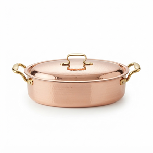Cacerola Ovalada de Cobre Puro Martillado a Mano de Lujo con Asas de Anillas Doradas y Tapa para Cocina Gourmet, Decoración del Hogar y Hoteles - Product Image 1