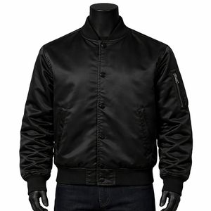 Veste en satin noir 100 % polyester personnalisée en gros, boutonnage à pression, légère, décontractée, streetwear, vêtement d'extérieur tendance - Product Image 2