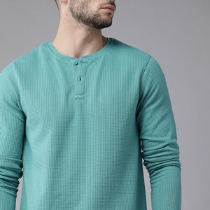 Camiseta de Manga Larga para Hombre, Cuello Redondo, Tejido Waffle, Color Sólido, Corte Ajustado, Informal, Transpirable, de Algodón - Product Image 4