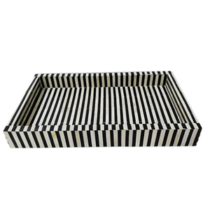Plateau de service rectangulaire géométrique noir et blanc en os incrusté, fait main, en résine et bois, décoratif pour table basse, maison, hôtel - Product Image 6