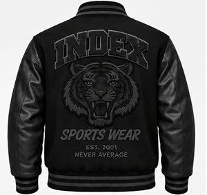 Chaqueta Varsity Negra para Hombre INDEX, Mangas de Cuero PU, Logotipo Bordado, Cuello Camisero, Cierre de Botones, Ropa de Otoño - Product Image 2