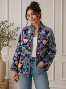 Suzani <b>Kantha</b> Boho Embroidered Quilted Breathable Eco-Friendly Reversible Cotton Wool Bomber <b>Jacket</b> Women - Product Image 3