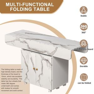47\" White Marble Color Wood <b>Folding</b> <b>Dining</b> <b>Table</b> with Storage Rack Cabinet & 6 Wheels Removable Entryway <b>Table</b> for Kitchen - Product Image 2