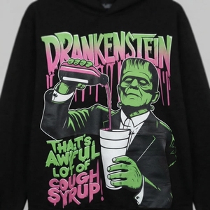เสื้อฮู้ดพิมพ์ลาย Drakenstein Frankenstein สำหรับผู้ชาย ทรงโอเวอร์ไซส์ สไตล์สตรีทแวร์ สีดำ ผ้าฝ้าย มีกระเป๋า - Product Image 5
