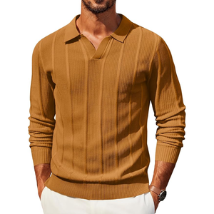 Suéter Polo de Punto para Hombre, Manga Larga, Color Sólido, Otoño, Casual, Manga Completa, Naranja Marrón - Product Image 6