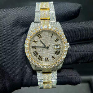 Montre mécanique en acier inoxydable bicolore avec cadran romain et fenêtre de date, sertie de moissanite VVS – Montre de luxe unisexe style Hip Hop - Product Image 1