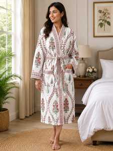 Cotton Kimono <b>Bathrobe</b> Long Sleeve <b>Waffle</b> Terry Robe with Printed Design Luxury Hotel Spa Wear Soft Comfortable Bath Gown - Product Image 3