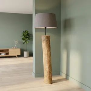 Lampadaire Tronc d'Arbre Rustique en Bois Naturel avec Abat-jour en Tissu Gris – Idéal pour Salon, Chambre, Coin d'Intérieur Style Ferme - Product Image 2