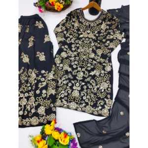 Conjunto de traje de diseñador para mujer Sharara codificación de secuencia de trabajo bordada - Product Image 5