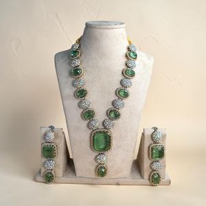 Emerald Crystal Gold Plated <b>Statement</b> <b>Necklace</b> and Earring Set Long Green Wedding Jewelry Vintage Inspired Indian Handmade - Product Image 4