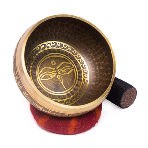 Bol chantant tibétain authentique en métal sculpté, yeux de Bouddha, plaqué or antique, pour méditation, sonothérapie, yoga (11 cm) - Product Image 3