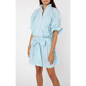 2022 nouvelles femmes Aqua bleu popeline Blouson robe brodée Ric Rac ourlet festonné élégant bohème tunique paillettes naturel pour - Product Image 1