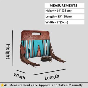 Bolso Tote Estilo Boho Western para Mujer – Parte Superior de Cuero Genuino Grabado con Tela Tejida Azteca Turquesa y Flecos - Product Image 5