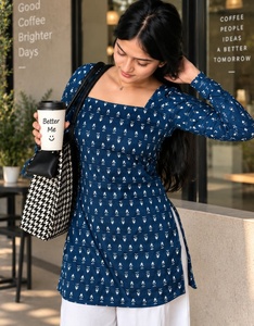 Block Print Handmade Kurti | Square Neck | Full Sleeve | Blue not Dark Blue | Stylish Ethnic <b>Top</b> | Short Kurti for Women - Product Image 4