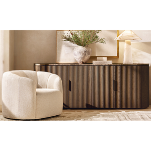 Premium Sideboard Fluted Panel Design Solid Teak Natural Finish Marble Top Rounded <b>Corner</b> Durable Luxury <b>Cabinet</b> Furniture - Product Image 5