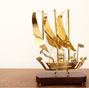 Gold Plated Brass Ship Sculpture Metal <b>Nautical</b> <b>Decor</b> Table Showpiece on Wooden Base for Home Office - Product Image 2