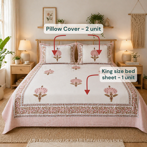 Soft Premium Classic White & Peach Floral Jaipuri Indian Hand Block Printed 100% Cotton Hotel Use Bedsheet <b>King</b> <b>Size</b> Wholesale - Product Image 6