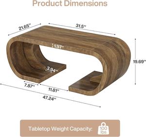 طاولة قهوة ريفية بقاعدة خشبية منحنية على شكل حرف C بطول 47 بوصة، متينة لغرفة المعيشة وغرفة الترفيه والمكتب المنزلي - Product Image 2