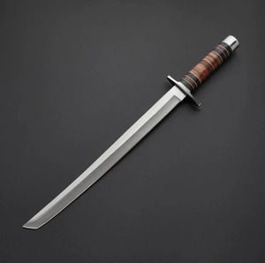 Couteau de chasse en acier au carbone avec manche en bois et étui en cuir, lame droite, couverts d'extérieur - Product Image 3