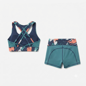 Ensemble soutien-gorge de sport et short à imprimé abstrait bleu sarcelle avec design dos croisé - Product Image 5