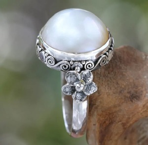 925 Sterling Silver <b>Moon</b> Pearl Flower <b>Ring</b> Handmade Boho Statement Jewelry Bridal Gift for Women - Product Image 6