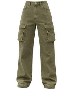 Vaqueros Cargo de Cintura Alta y Pierna Ancha en Verde Oliva con Bolsillos con Cremallera, Estilo Urbano, Pantalones Casuales Holgados para Mujer, OEM Personalizado - Product Image 1