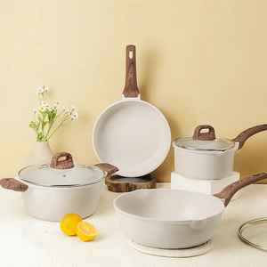 Ensemble de casseroles et poêles en céramique antiadhésive avec poignée en bois, compatible induction, pour la cuisine - Product Image 1