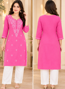 Premium Pink Georgette <b>Chikankari</b> Embroidered Straight Kurti - Authentic Lucknowi Fine Thread Work Women Festive Party Wear - Product Image 4