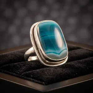Bague Statement en Argent Sterling 925 avec Calcédoine Naturelle Bleue, Bijou Vintage Fait Main, Grande Pierre Ovale, Mode Féminine - Product Image 3