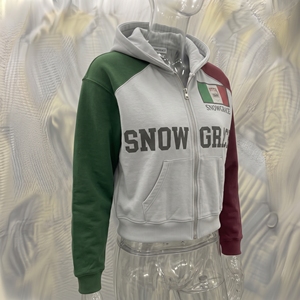 Sweat-shirt à capuche zippé pour homme Snowgrace, vert et gris, blocs de couleur, manches raglan, logo imprimé sur le devant, vêtement décontracté d'automne - Product Image 2