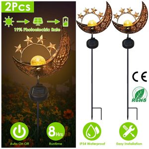 Lampada Solare IP54 Impermeabile a Forma di Luna e Stella, Globo in Vetro Craquelé con Picchetto in Ferro, Luci Solari da Giardino per Vialetti - Product Image 1