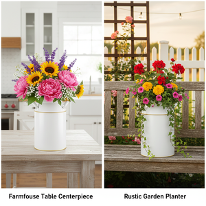 Maceta de Metal Galvanizado Estilo Rústico Vintage, Florero Retro Antiguo, Porta Flores de Granja, Color Blanco Leche - Product Image 3