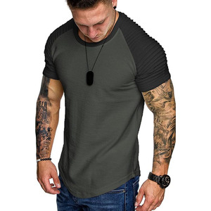Men's Muscle <b>T</b>-<b>Shirt</b> Pleated <b>Raglan</b> <b>Sleeve</b> Bodybuilding Gym Tee Short <b>Sleeve</b> Fashion Workout <b>Shirts</b> Hipster <b>Shirt</b> - Product Image 1