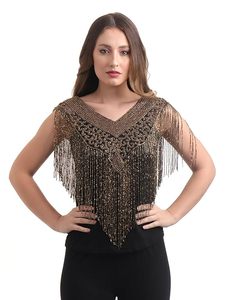Cape en résille pour femme, poncho à col en V avec broderie perlée, sans manches, noir et or - Product Image 1