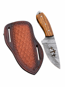 Cuchillo de caza y desollado de acero de Damasco con punta caída, mango de madera y funda de cuero personalizada - Product Image 1