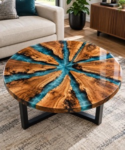 Table basse ronde en résine avec des dalles de bois à bords naturels, art de la résine époxy bleu turquoise, base en métal moderne faite à la main - Product Image 4